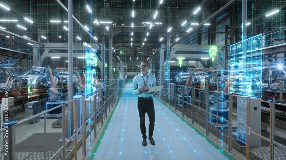 Technician Activates Smart Factory Floor. Advanced Manufacturing Visualization of Data Analysis, AI Production Optimization, Digital Information Lines in Autonomous Automotive Robot Arm Assembly Line