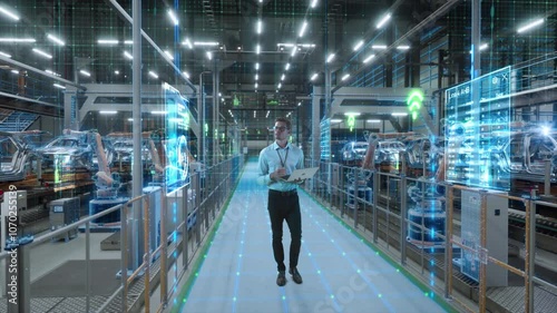 Technician Activates Smart Factory Floor. Advanced Manufacturing Visualization of Data Analysis, AI Production Optimization, Digital Information Lines in Autonomous Automotive Robot Arm Assembly Line