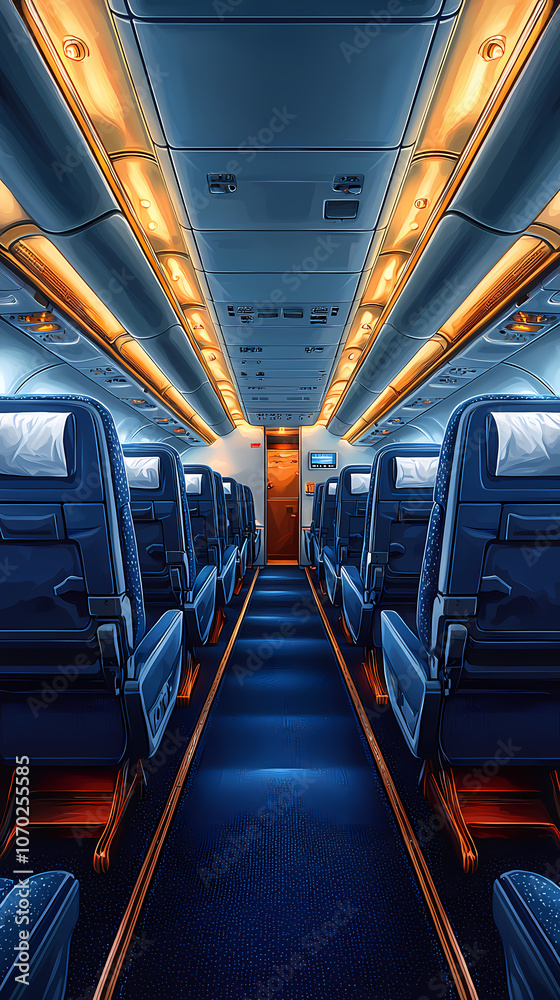 Obraz premium Airplane cabin, front view, blue seats with white turban pieces, dark blue carpet, bright and warm, flat illustration, flat colors. The overall tone of the picture is warm white.