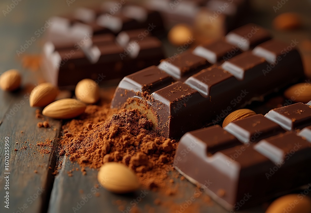 Dark chocolate bars, cocoa powder, and almonds on a dark background Dark chocolate bars, cocoa powder, and almonds on a dark background