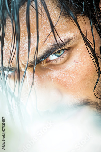 Pirate with Long Hair and a Rough Expression Confronting an Enemy on a Desolate Beach at Sunset photo