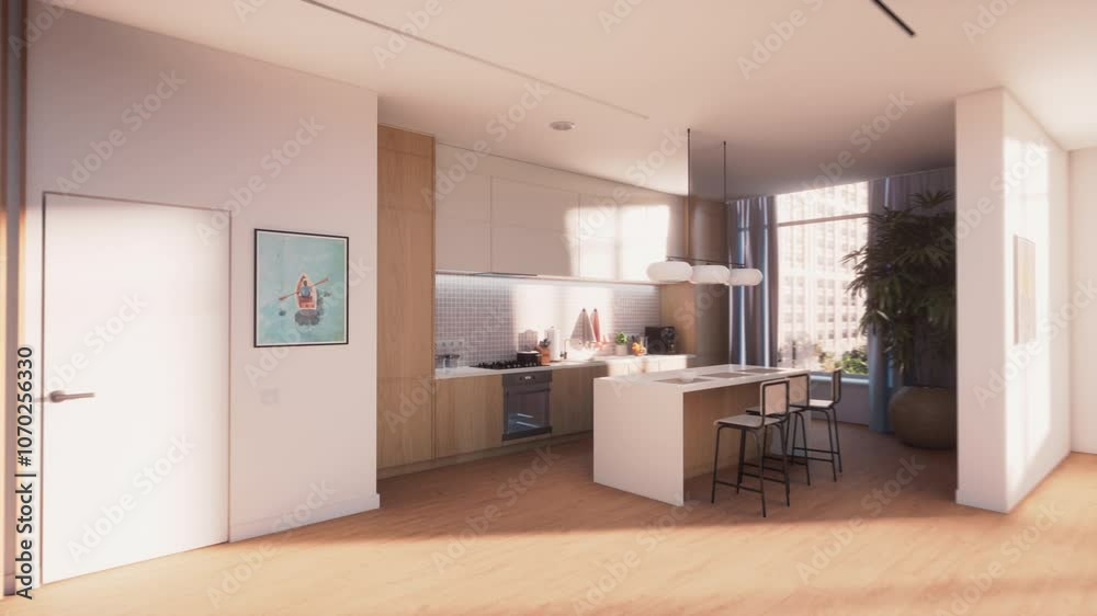 Explore a 3d Interior Design Journey as Software Transforms an Empty Space Into a Modern Kitchen, Highlighting Online Shopping and Creative Design for Enhanced Functionality and Style.