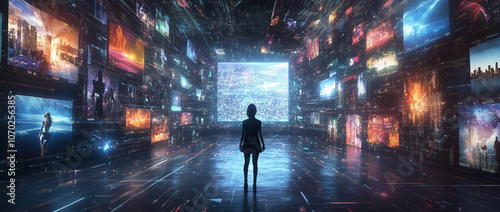 A silhouette stands before a vast, illuminated digital display of vibrant graphics and data visualizations, highlighting innovation and technology in a captivating, cyberpunk atmosphere.