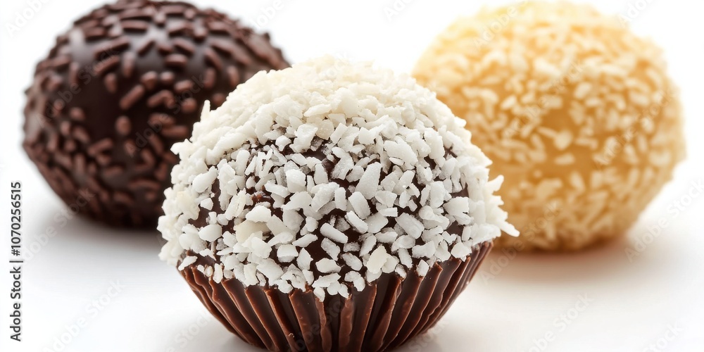 Delicious assorted chocolate truffles coated in white and dark chocolate sprinkles displayed beautifully on a neutral background