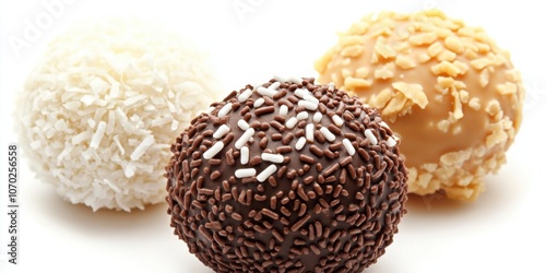 Colorful dessert balls coated with chocolate sprinkles and coconut shavings, showcasing a delicious treat on a white surface, perfect for satisfying sweet cravings at any time