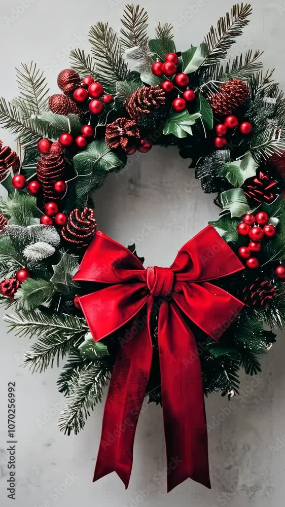 Festive christmas wreath with red bow and pinecones for holiday décor