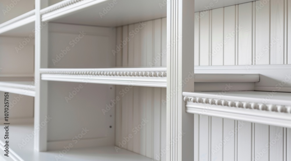 White beaded board bookcase with empty shelves for display, white background, close up White beaded board bookcase with empty shelves for display, white background, close up
