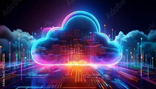 Wallpaper Mural Cloud computing with a glowing cloud icon in the center, surrounded by colorful circuit boards and data lines. Torontodigital.ca