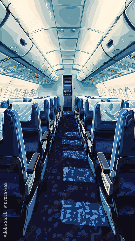 Obraz premium Airplane cabin, front view, blue seats with white turban pieces, dark blue carpet, bright and warm, flat illustration, flat colors. The overall tone of the picture is warm white.