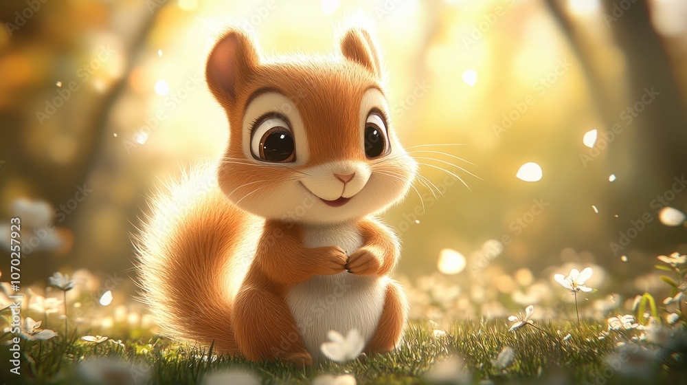 Cartoon squirrel surrounded by blooming flowers Cartoon squirrel surrounded by blooming flowers