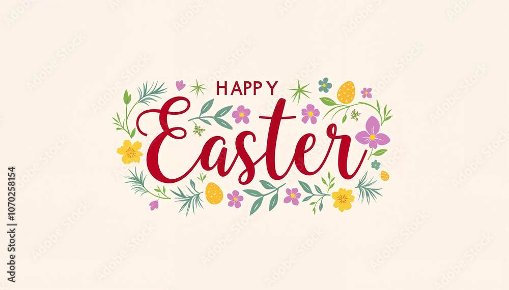 Happy Easter text with floral illustrations on beige background