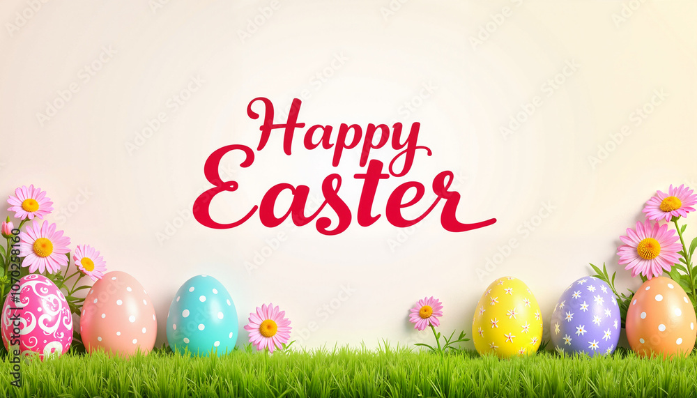 Happy Easter text with colorful eggs and flowers on grassy background Happy Easter text with colorful eggs and flowers on grassy background