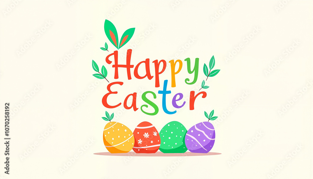 Happy Easter text with painted eggs and leaves in minimalistic style