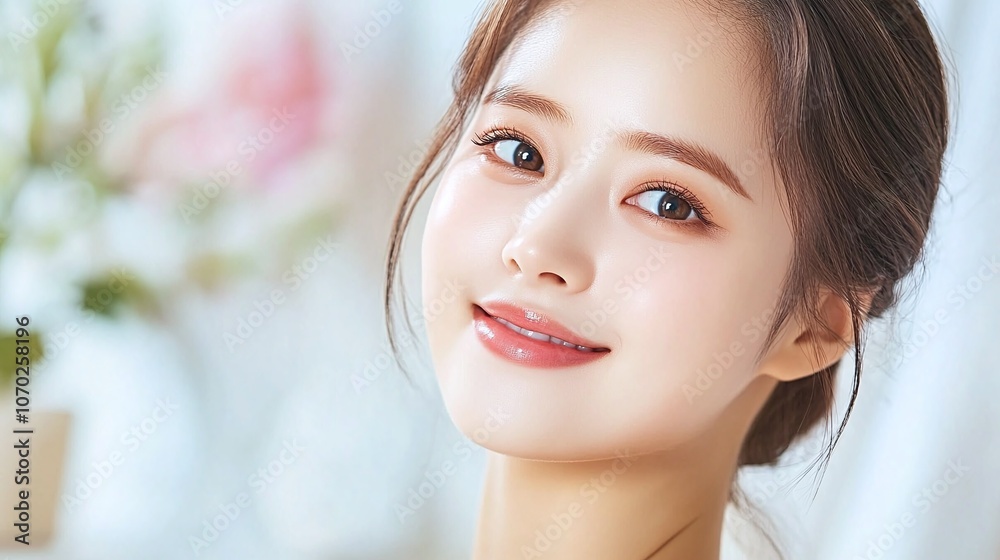 A cheerful young woman smiles warmly against a soft floral background, exuding charm and elegance in a bright, serene setting. A cheerful young woman smiles warmly against a soft floral background, exuding charm and elegance in a bright, serene setting.