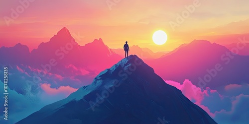 A silhouette of a man standing on a peak overlooking vast mountains under a vibrant sunrise.