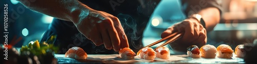 Sushi chef preparing sushi. Selective focus
