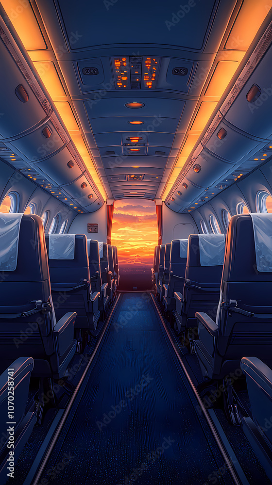 Fototapeta premium Airplane cabin, front view, blue seats with white turban pieces, dark blue carpet, bright and warm, flat illustration, flat colors. The overall tone of the picture is warm white.