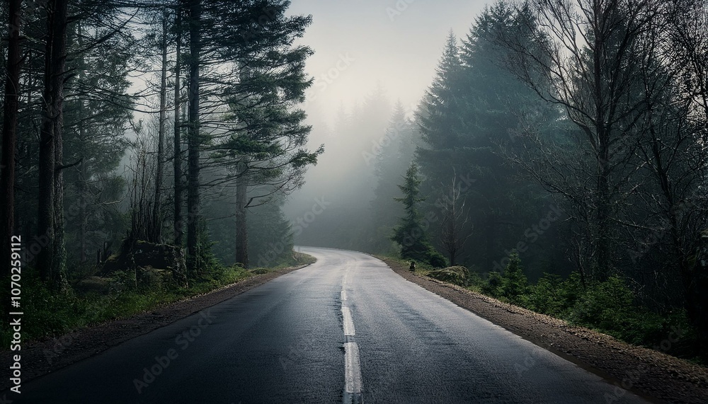 Long foggy mystery road in the dark woods Long foggy mystery road in the dark woods