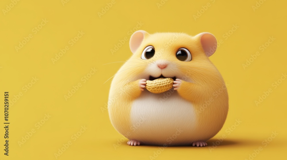 Cute hamster eating a snack on yellow background Cute hamster eating a snack on yellow background
