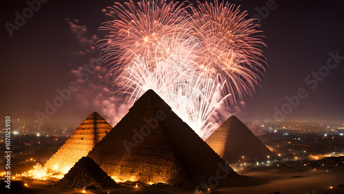 Fireworks bursting over the ancient pyramids of egypt at midnight on new years evening, Ai Generated