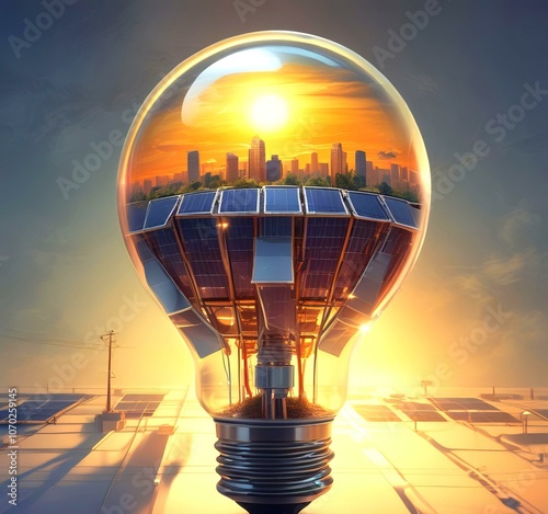 Illustration of electric bulb with solar panels. photo