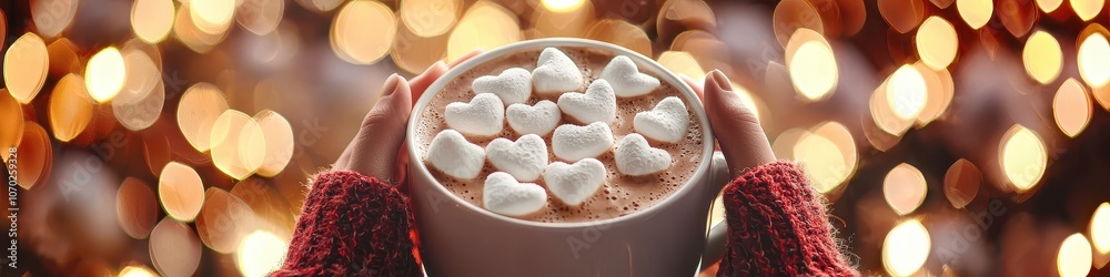 Close-up of coffee with marshmallows in hands. Selective focus