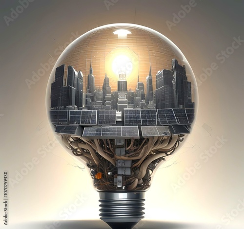 Illustration of electric bulb with solar panels. photo