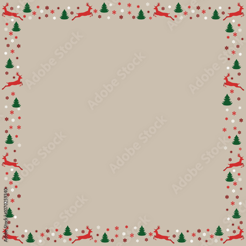 christmas card, frame, border, wreath from different snowflakes, deers, firs. vector template for greeting, invitation, poster, banner on winter, christmas theme en beige and red. with copy space