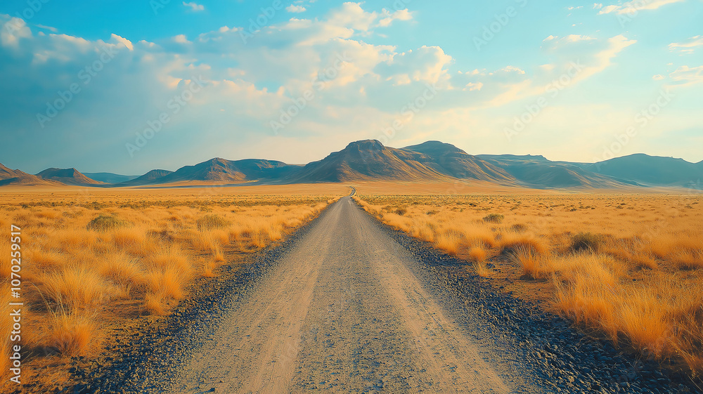 Fototapeta premium Beautiful gravel road journey across Namibia’s landscapes with mountains and open plains