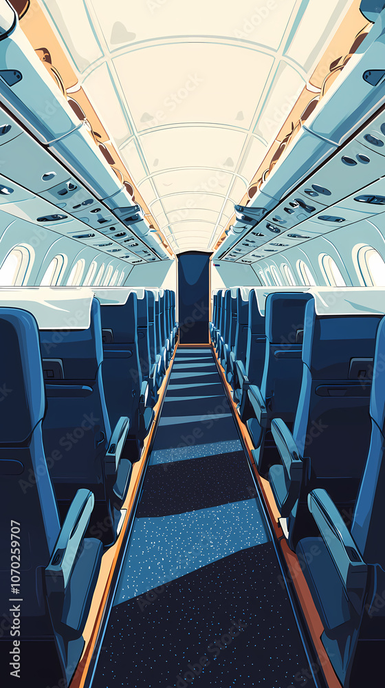 Fototapeta premium Airplane cabin, front view, blue seats with white turban pieces, dark blue carpet, bright and warm, flat illustration, flat colors. The overall tone of the picture is warm white.