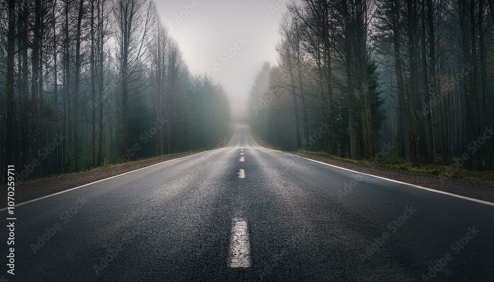 Naklejka premium Long foggy mystery road in the dark woods