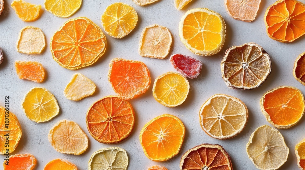 Dried fruit slices artfully scattered on a countertop Dried fruit slices artfully scattered on a countertop