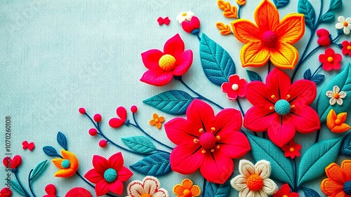 Wallpaper Mural Vibrant Floral Tapestry with Textured Embroidered Flowers and Lush Green Foliage on a Soft Blue Canvas Torontodigital.ca