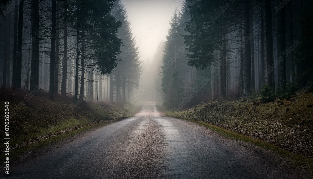 Long foggy mystery road in the dark woods Long foggy mystery road in the dark woods
