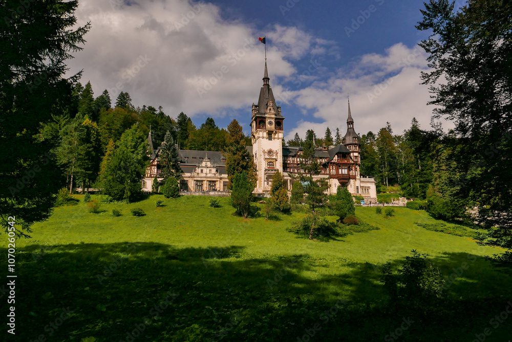 view of the fairytale Romanian Peles Castle view of the fairytale Romanian Peles Castle