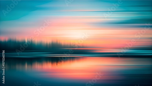 Abstract landscape with calm atmosphere at sunset, featuring blurred colors and reflections