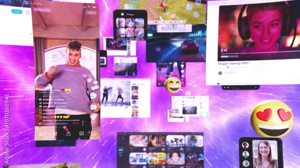 Social Network Concept Visualization of a Metaverse Stream of Big Data witofh Viral Videos, Advertising, Social Media Profiles with Influencers, Online Art and Internet Communities