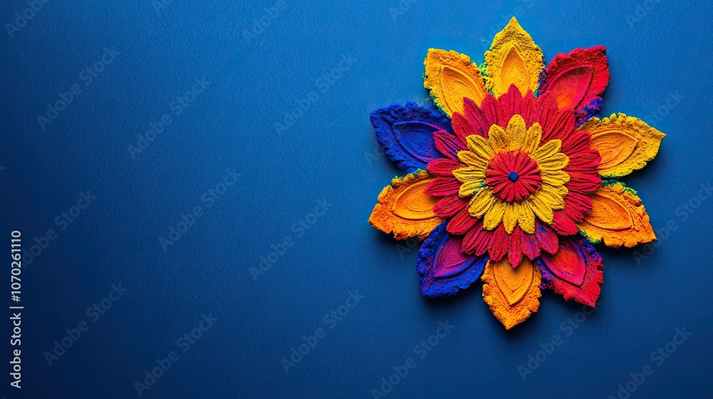 Fototapeta premium A colorful rangoli pattern on a dark blue background with copy space