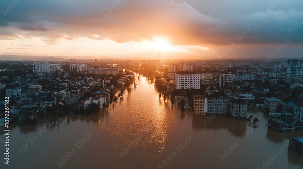 Aerial shot of a city block submerged, rooftops poking out of muddy floodwaters, sunlight breaking through clouds Aerial shot of a city block submerged, rooftops poking out of muddy floodwaters, sunlight breaking through clouds
