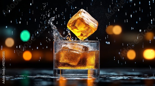 Ice Cube Splashing into Glass of Whiskey with Rain Background