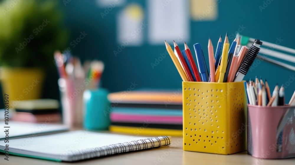 Educational materials and supplies on a desk Educational materials and supplies on a desk