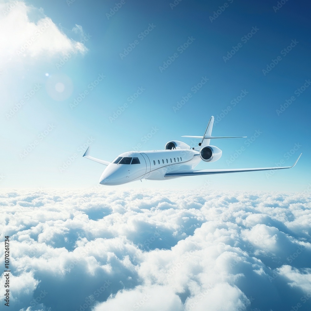 Obraz premium Elegant aircraft soars into a clear blue sky above fluffy white clouds during daytime