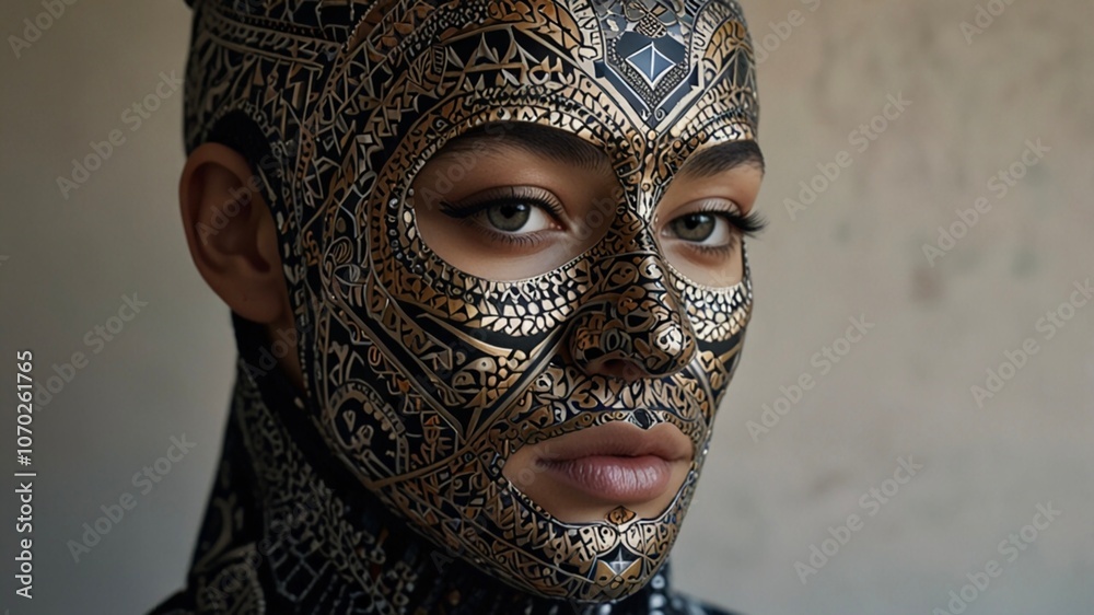 A close-up of a person's face, completely covered by a mask of complex geometric patterns. A close-up of a person's face, completely covered by a mask of complex geometric patterns.