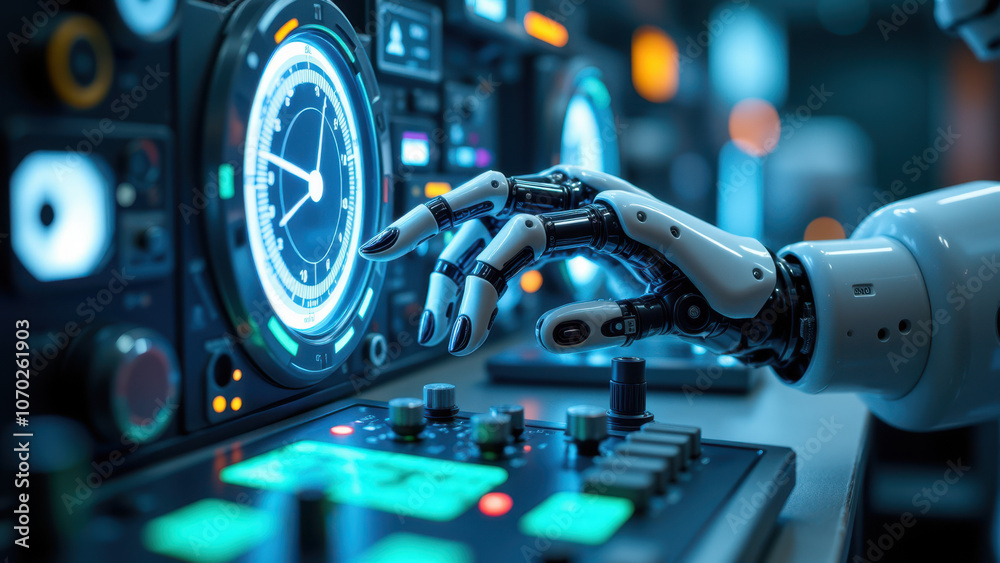 A humanoid robot operating futuristic technology. A humanoid robot operating futuristic technology.