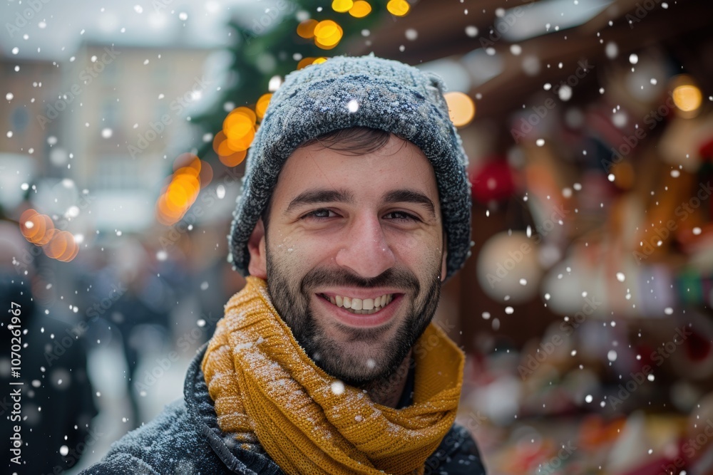 A cheerful man with a warm smile enjoys the snowfall while visiting a festive holiday market decorated with colorful lights and festive treats during a winter evening A cheerful man with a warm smile enjoys the snowfall while visiting a festive holiday market decorated with colorful lights and festive treats during a winter evening