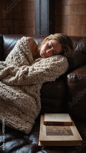 Woman peacefully napping on a leather sofa, wrapped in a thick, cozy cream-colored knitted blanket with an open book nearby