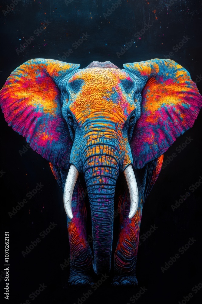 Obraz premium A vibrant, colorful elephant stands majestically against a dark background in an artistic representation that celebrates wildlife and creativity