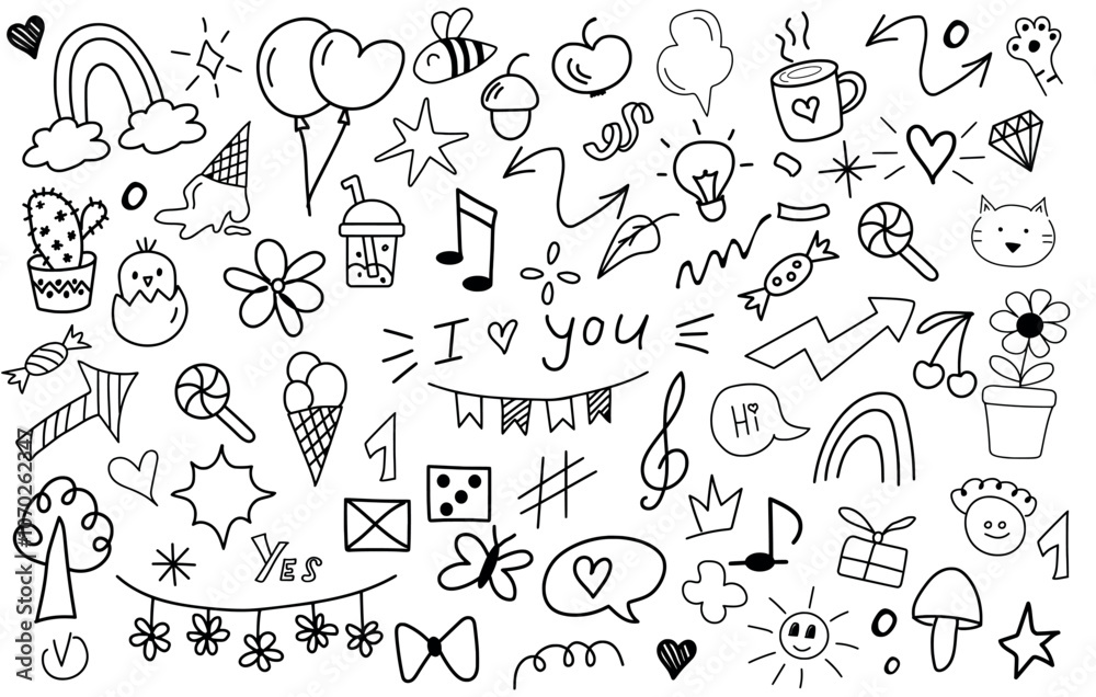 Big set of hand drawn doodle elements. Crowns, rainbow, hearts, stars, flowers, sparkles, arrows, lightnings, smiley, signs, funny design elements іsolated on white background. I love you lettering. Big set of hand drawn doodle elements. Crowns, rainbow, hearts, stars, flowers, sparkles, arrows, lightnings, smiley, signs, funny design elements іsolated on white background. I love you lettering.