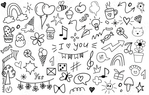 Big set of hand drawn doodle elements.  Crowns, rainbow, hearts, stars, flowers, sparkles, arrows, lightnings, smiley, signs, funny design elements іsolated on white background. I love you lettering. 