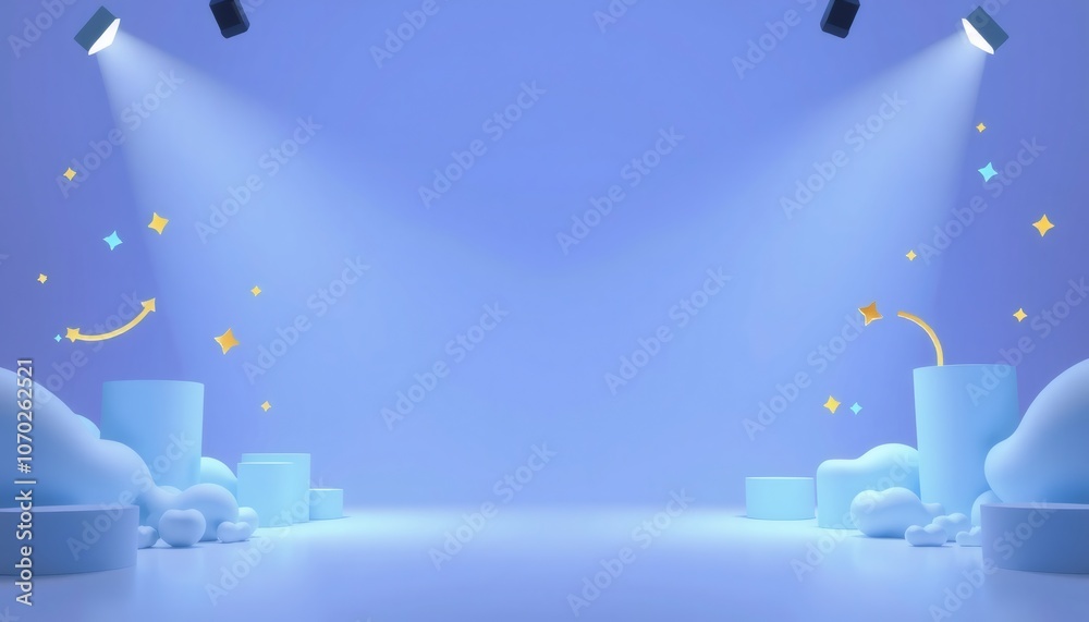 Blue Cylindrical Platforms With Clouds and Stars Under Spotlight. Blue Cylindrical Platforms With Clouds and Stars Under Spotlight.